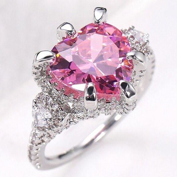 💥Pink Heart CZ Anillos Shiny Diamonds Silver Plated Heart Ring for Women, L117 - Picture 1 of 8
